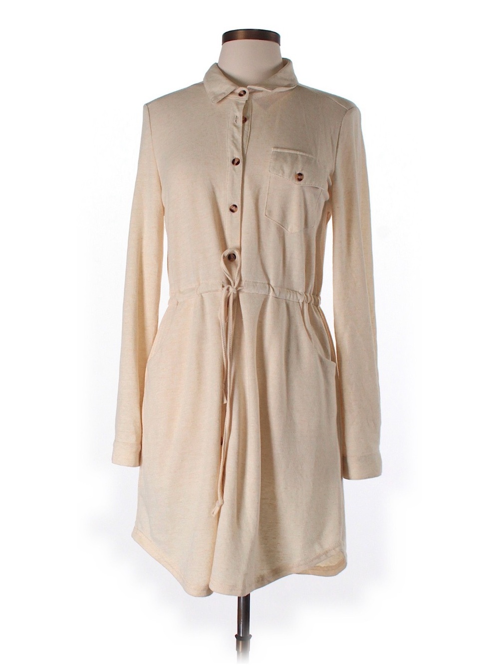Ya Los Angeles Cream Long Sleeve Drawstring Shirt Dress